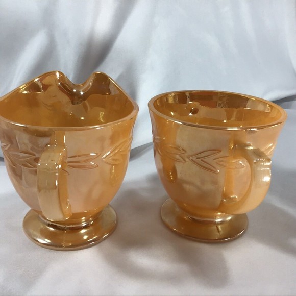 Peach Luster Ware Fire King Iridescent Sugar Creamer Leaf Pattern Mid Century - Picture 4 of 10